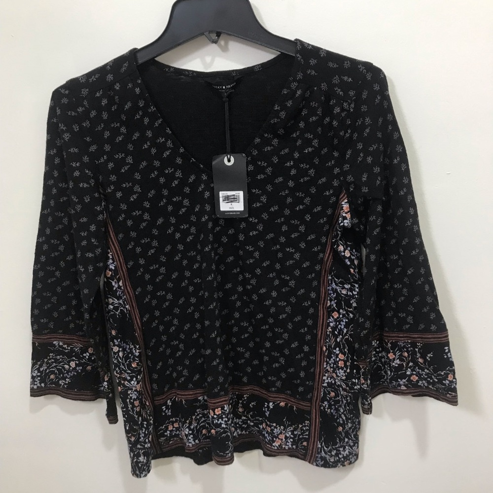 Lucky Brand Black Floral V-Neck Blouse with Rust Accents